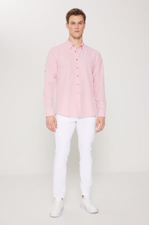 Slim Fit Dar Kesim Gofre Desenli Düğmeli Yaka Hafif Kumaş Gömlek