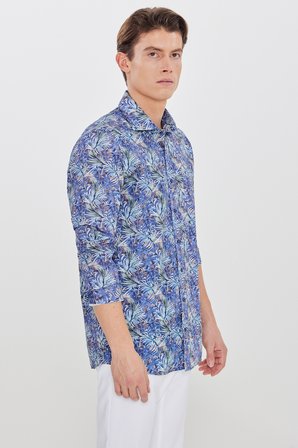 %100 Pamuk Slim Fit Dar Kesim Büyük İtalyan Yaka Baskılı Gömlek