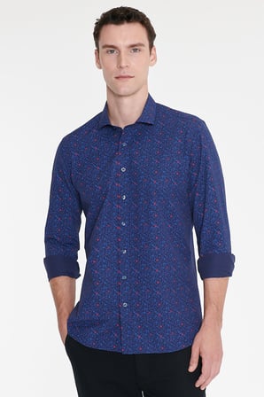 Pamuklu Slim Fit Dar Kesim Küçük İtalyan Yaka Baskılı Gömlek