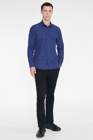 Pamuklu Slim Fit Dar Kesim Küçük İtalyan Yaka Baskılı Gömlek