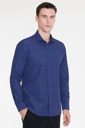 Pamuklu Slim Fit Dar Kesim Küçük İtalyan Yaka Baskılı Gömlek
