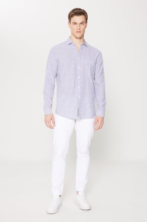 Keten Comfort Fit Rahat Kesim Klasik Yaka Çizgili Gömlek