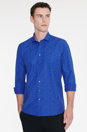 Pamuklu Slim Fit Dar Kesim Küçük İtalyan Yaka Baskılı Gömlek