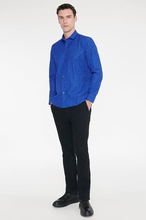 Pamuklu Slim Fit Dar Kesim Küçük İtalyan Yaka Baskılı Gömlek