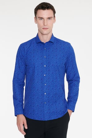 Pamuklu Slim Fit Dar Kesim Küçük İtalyan Yaka Baskılı Gömlek