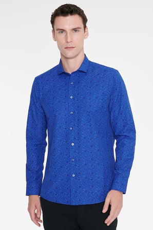 Pamuklu Slim Fit Dar Kesim Küçük İtalyan Yaka Baskılı Gömlek