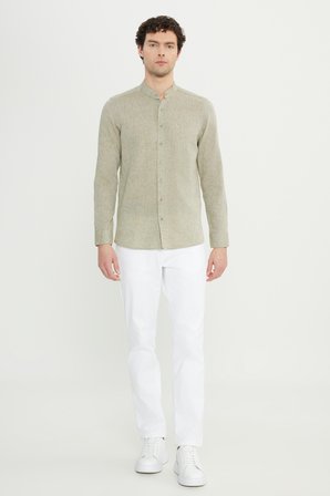 Slim Fit Dar Kesim Hakim Yaka Keten Gömlek