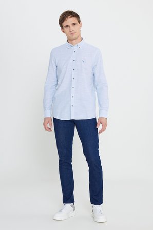 %100 Pamuk Slim Fit Dar Kesim Düğmeli Yaka Çizgili Flamlı Gömlek