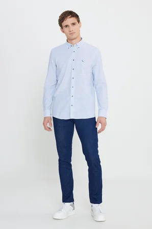 %100 Pamuk Slim Fit Dar Kesim Düğmeli Yaka Çizgili Flamlı Gömlek