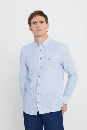 %100 Pamuk Slim Fit Dar Kesim Düğmeli Yaka Çizgili Flamlı Gömlek