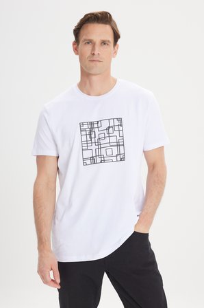 Slim Fit Dar Kesim Pamuklu Esnek Baskılı Bisiklet Yaka Tişört