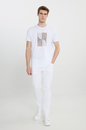 Slim Fit Dar Kesim Pamuklu Esnek Baskılı Bisiklet Yaka Tişört