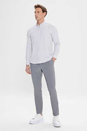 Slim Fit Dar Kesim Keten Görünümlü Gofre Desenli Düğmeli Yaka Gömlek