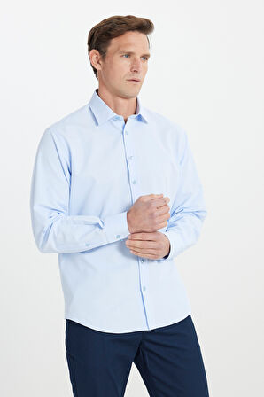 Comfort Fit Geniş Kesim Klasik Yaka Pamuklu Rahat Armürlü Gömlek