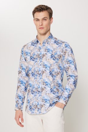 %100 Pamuk Slim Fit Dar Kesim Düğmeli Yaka Baskılı Gömlek
