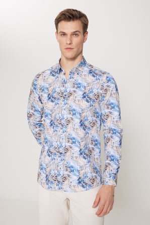 %100 Pamuk Slim Fit Dar Kesim Düğmeli Yaka Baskılı Gömlek