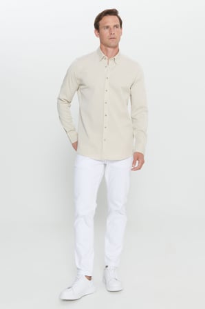 Slim Fit Dar Kesim Gizli Düğme Yaka Pamuklu Gömlek