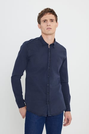 Slim Fit Dar Kesim Gizli Düğme Yaka Pamuklu Gömlek