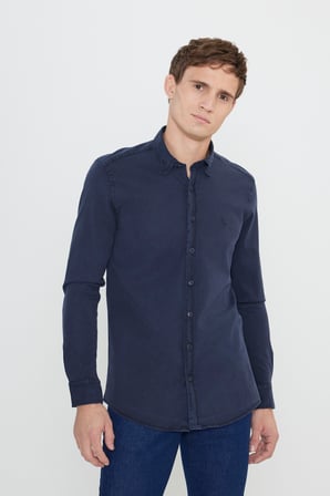 Slim Fit Dar Kesim Gizli Düğme Yaka Pamuklu Gömlek