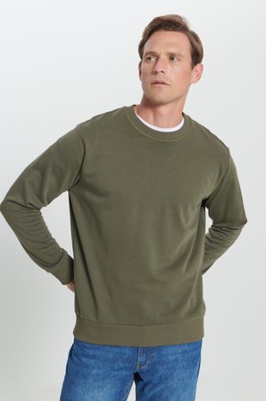 Erkek Haki Standart Fit Normal Kesim Bisiklet Yaka Pamuklu Sweatshirt