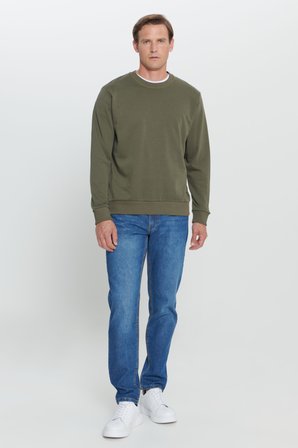 Erkek Haki Standart Fit Normal Kesim Bisiklet Yaka Pamuklu Sweatshirt