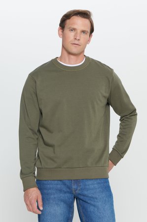 Erkek Haki Standart Fit Normal Kesim Bisiklet Yaka Pamuklu Sweatshirt