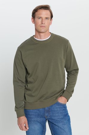 Erkek Haki Standart Fit Normal Kesim Bisiklet Yaka Pamuklu Sweatshirt