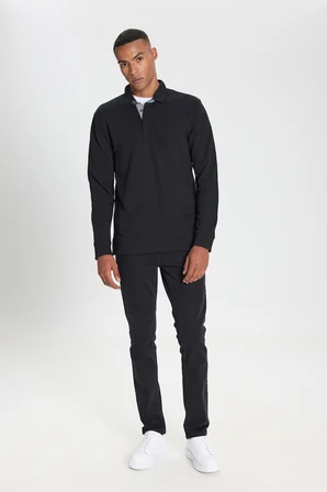 %100 Pamuk Slim Fit Dar Kesim Polo Yaka Uzun Kollu Tişört