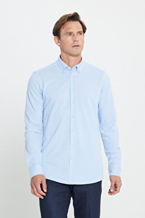 Pamuklu Örme Slim Fit Dar Kesim Düğmeli Yaka Gömlek