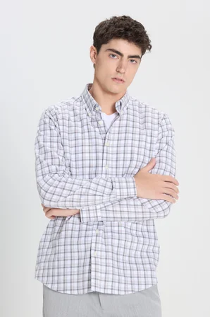 %100 Pamuk Slim Fit Dar Kesim Düğmeli Yaka Kareli Flanel Gömlek