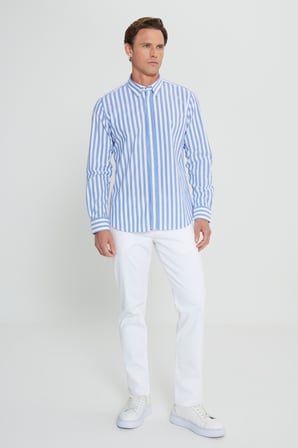 %100 Pamul Slim Fit Dar Kesim Düğmeli Yaka Çizgili Gömlek