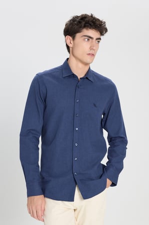 %100 Pamuk Flanel Slim Fit Dar Kesim Klasik Yaka Armürlü Gömlek
