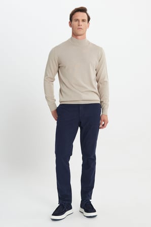 Pamuklu Slim Fit Diagonal Desenli Pileli Yan Cep Casual Pantolon