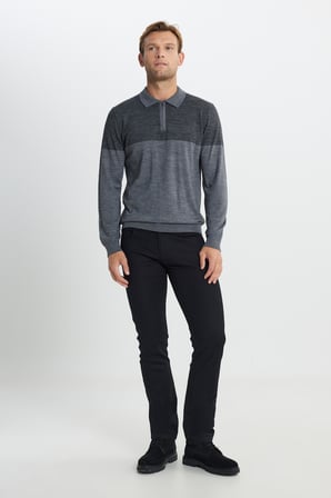 Yün Standart Fit Normal Kesim Polo Yaka Çizgili Triko Kazak