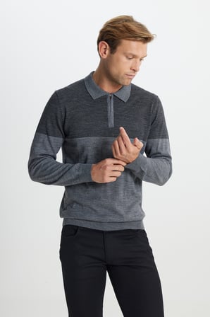 Yün Standart Fit Normal Kesim Polo Yaka Çizgili Triko Kazak