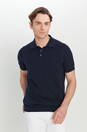 %100 Pamuk Standart Fit Normal Kesim Polo Yaka Jakarlı Triko Tişört