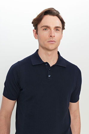 %100 Pamuk Standart Fit Normal Kesim Polo Yaka Jakarlı Triko Tişört