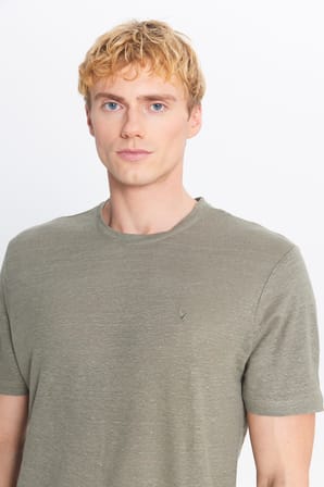 %100 Keten Slim Fit Dar Kesim Bisiklet Yaka Tişört