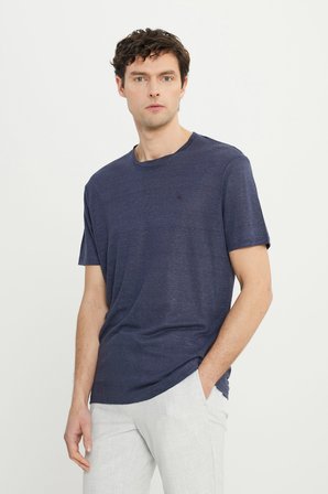 %100 Keten Slim Fit Dar Kesim Bisiklet Yaka Tişört