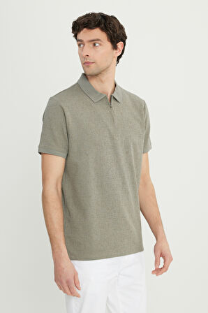 Pamuklu Slim Fit Dar Kesim Fermuarlı Yaka Jakarlı Esnek Tişört