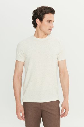 Keten Slim Fit Dar Kesim Bisiklet Yaka Jakarlı Tişört