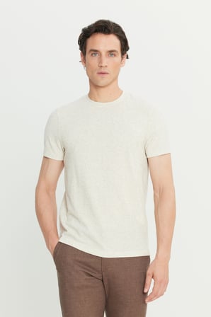Keten Slim Fit Dar Kesim Bisiklet Yaka Jakarlı Tişört