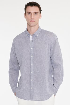 Pamuklu Keten Comfort Fit Düğmeli Yaka Armürlü Gömlek
