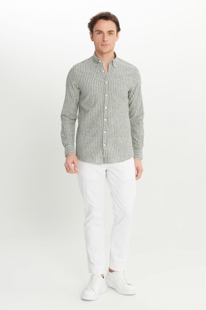 Keten Slim Fit Dar Kesim Düğmeli Yaka Çizgili Gömlek
