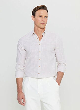 Slim Fit Düğmeli Yaka Bej Erkek Gömlek ACE020252168_BEJ