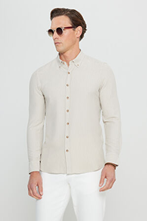 Slim Fit Dar Kesim Düğmeli Yaka Armürlü Gofre Desenli Gömlek