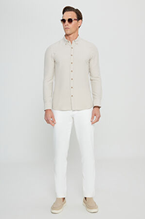 Slim Fit Dar Kesim Düğmeli Yaka Armürlü Gofre Desenli Gömlek