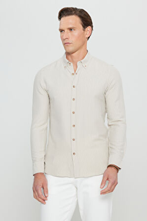 Slim Fit Dar Kesim Düğmeli Yaka Armürlü Gofre Desenli Gömlek
