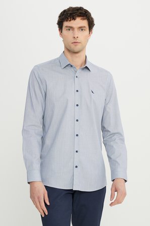 %100 Pamuk Flanel Slim Fit Dar Kesim Klasik Yaka Armürlü Gömlek