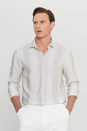 Yumuşak Dokulu Keten Karışımlı Slim Fit Dar Kesim Klasik Yaka Çizgili Gömlek